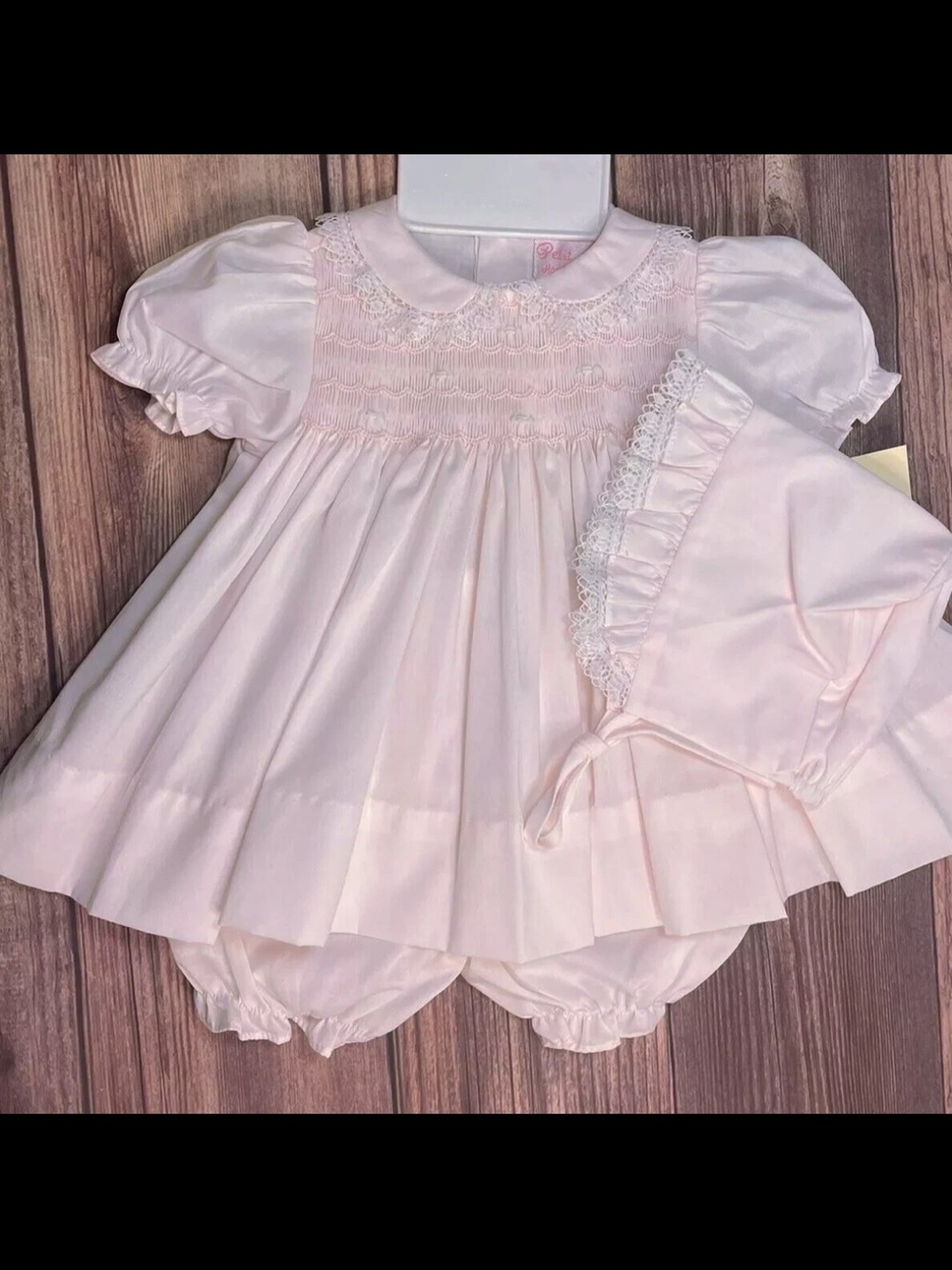 SPECIAL NWT VTG Petit Ami Pink Smocked Lace 3PC Heirloom Dress  & Bonnet 9M